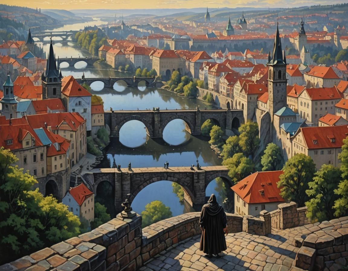 Masked Figure Overlooking Prague in Oil Painting Style