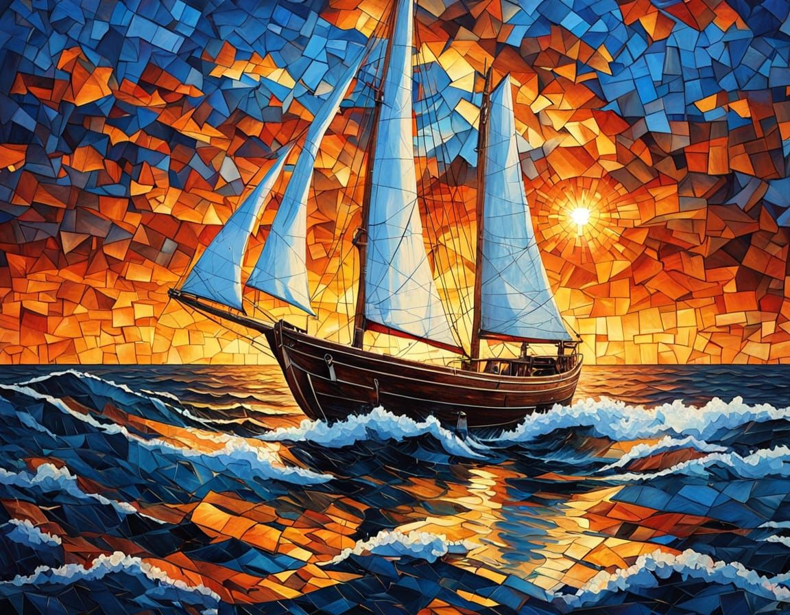 Sailboat Mosaic Artwork in Vibrant Colors