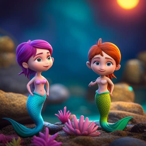Baby Mermaids in Lagoon: Pixar-Style 3D Art
