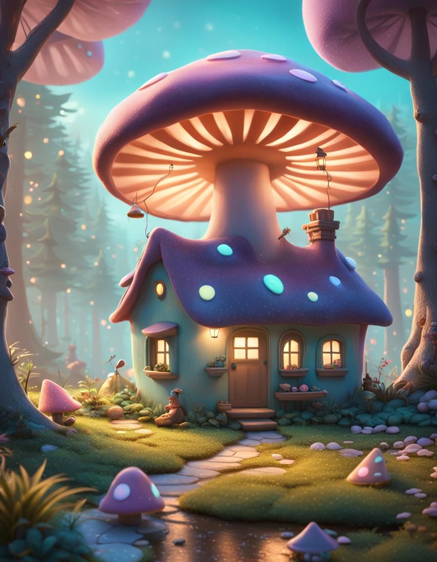 Charming Mushroom House Scene with Mice, Digital Art