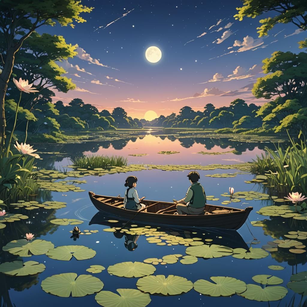 Romantic Moonlit Pond Scene in Studio Ghibli Style