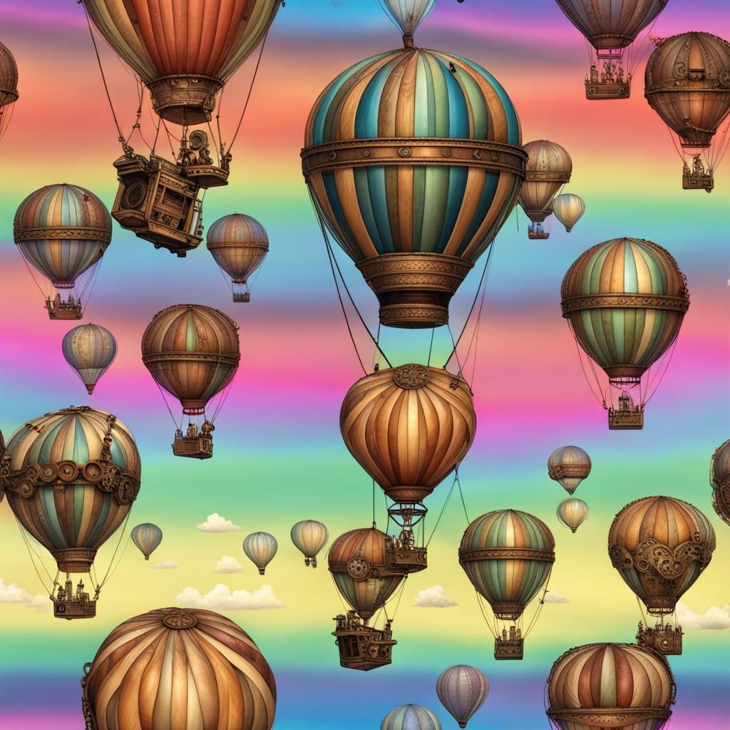 Steampunk Hot Air Balloons in Rainbow Sky