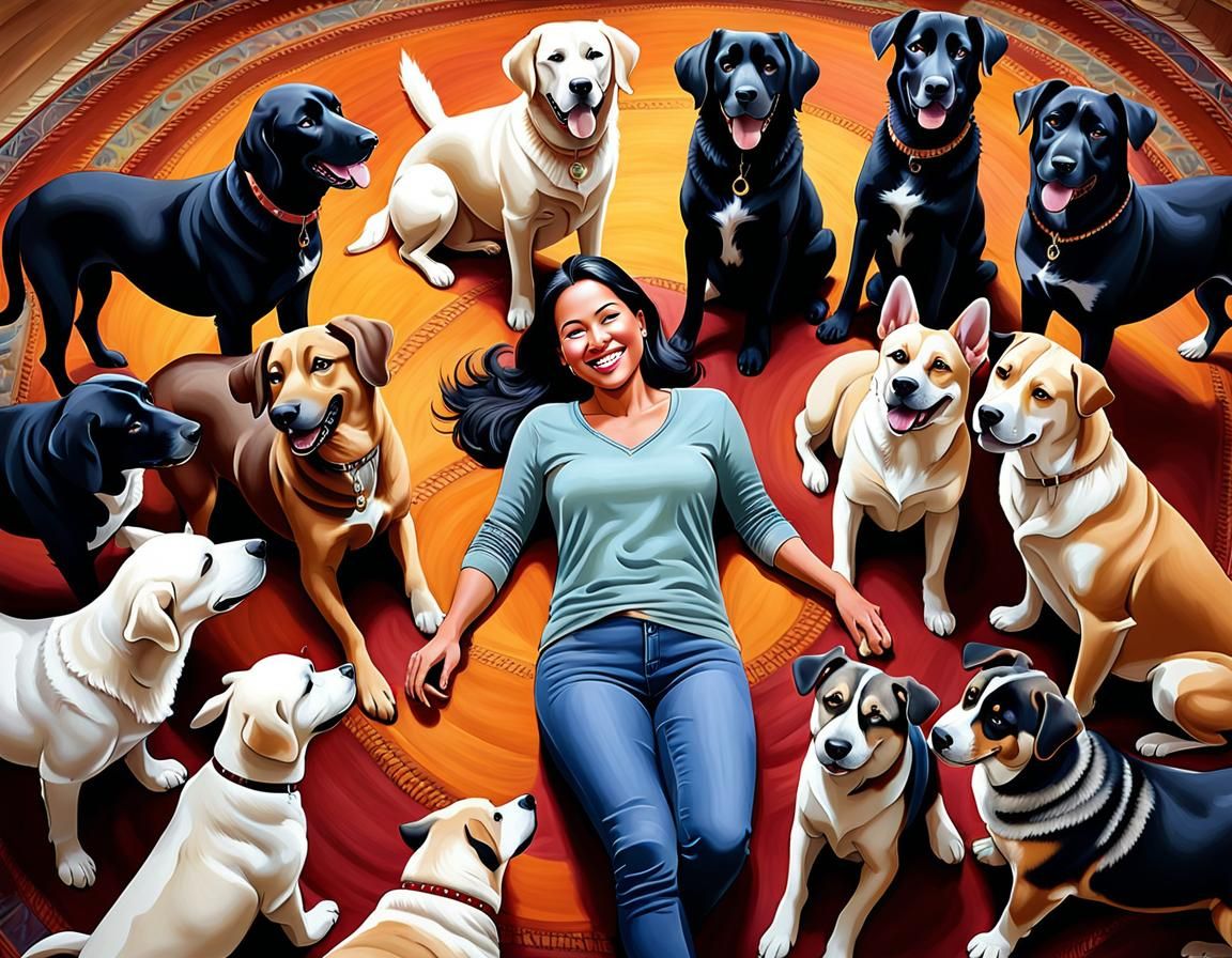 Joyful Woman with Dogs: Digital Cel Shading Art