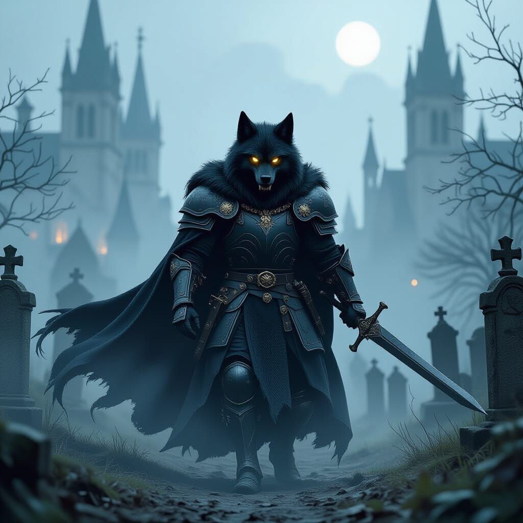Gothic Werewolf Knight in Eerie Tim Burton Style