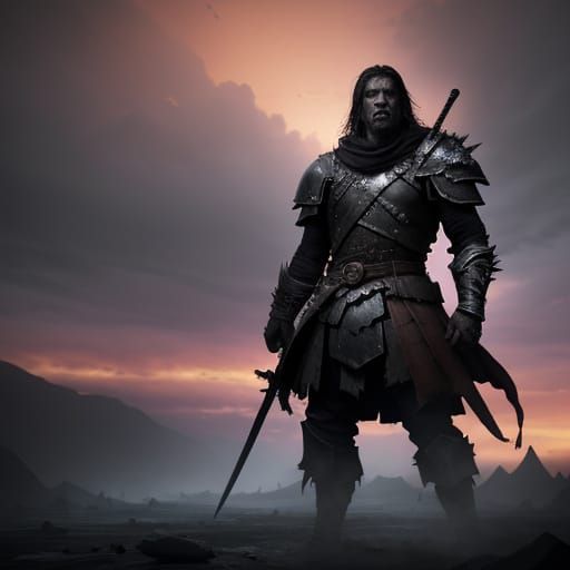 Epic Fantasy Warrior on Desolate Battlefield