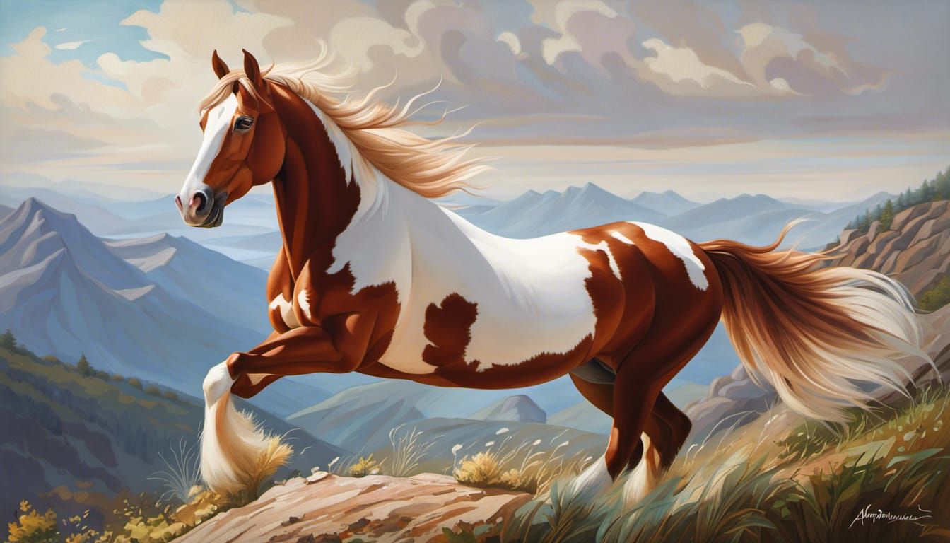 Beautiful chestnut and white Clydesdale horse galloping on t...