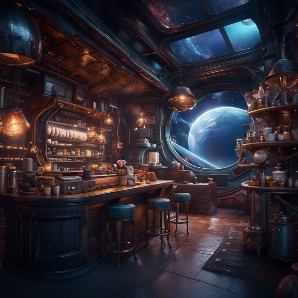 Coffee Shop in Space: Detailed Matte Painting