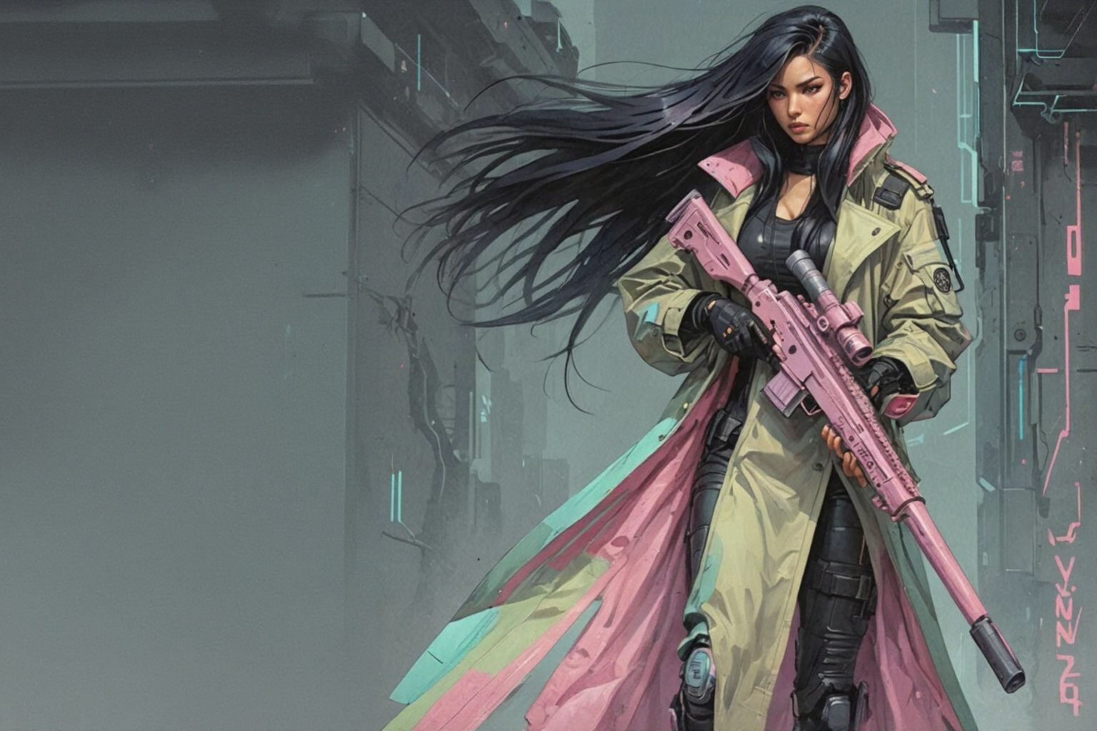 Cyberpunk Cyborg Sniper in New Retro Wave Style