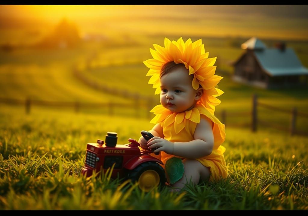 Baby in Sunflower Costume on Farm, Cinematic Still
