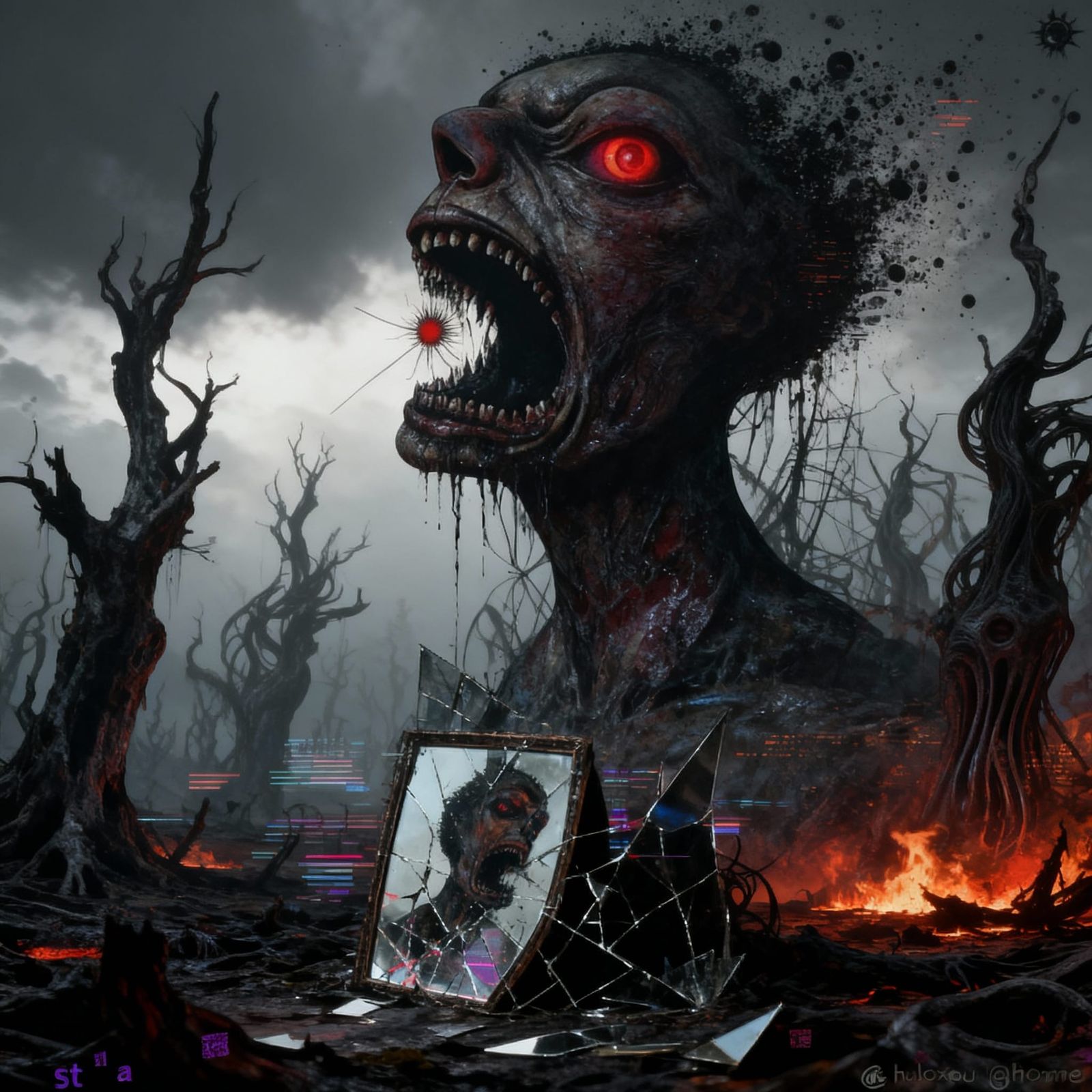 Monstrous Head Devours Reflection Amidst Glitch Static