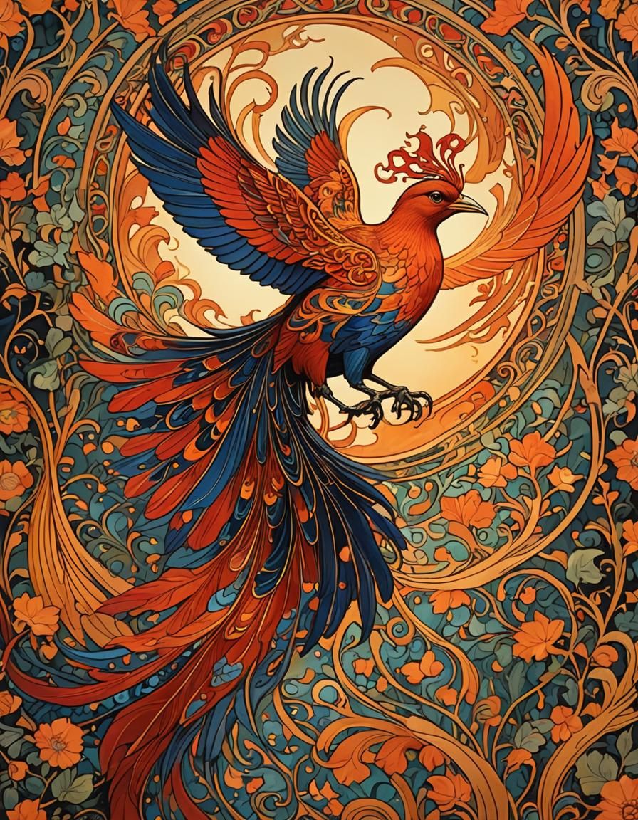Majestic Fire Bird in Art Nouveau Style