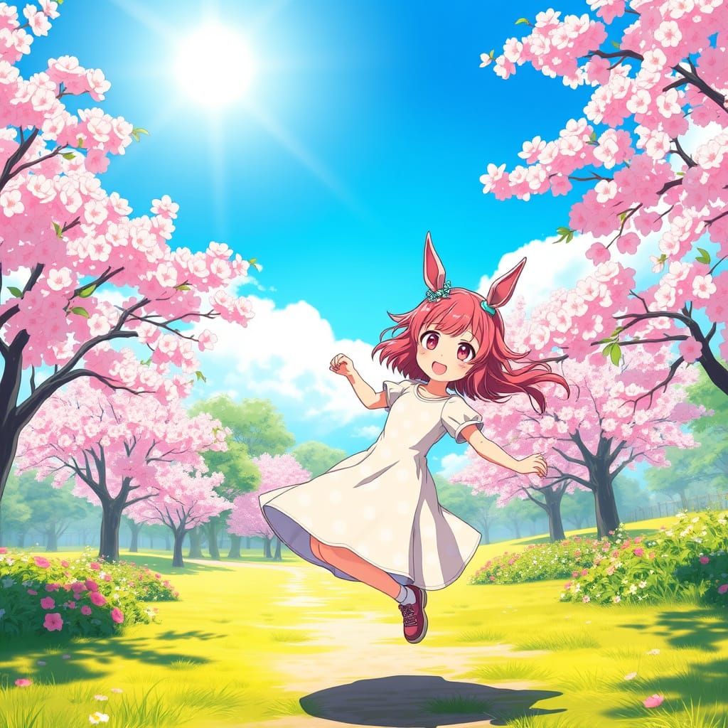 Rosy Girl Jumps Rope in Spring Park with Cherry Blossoms