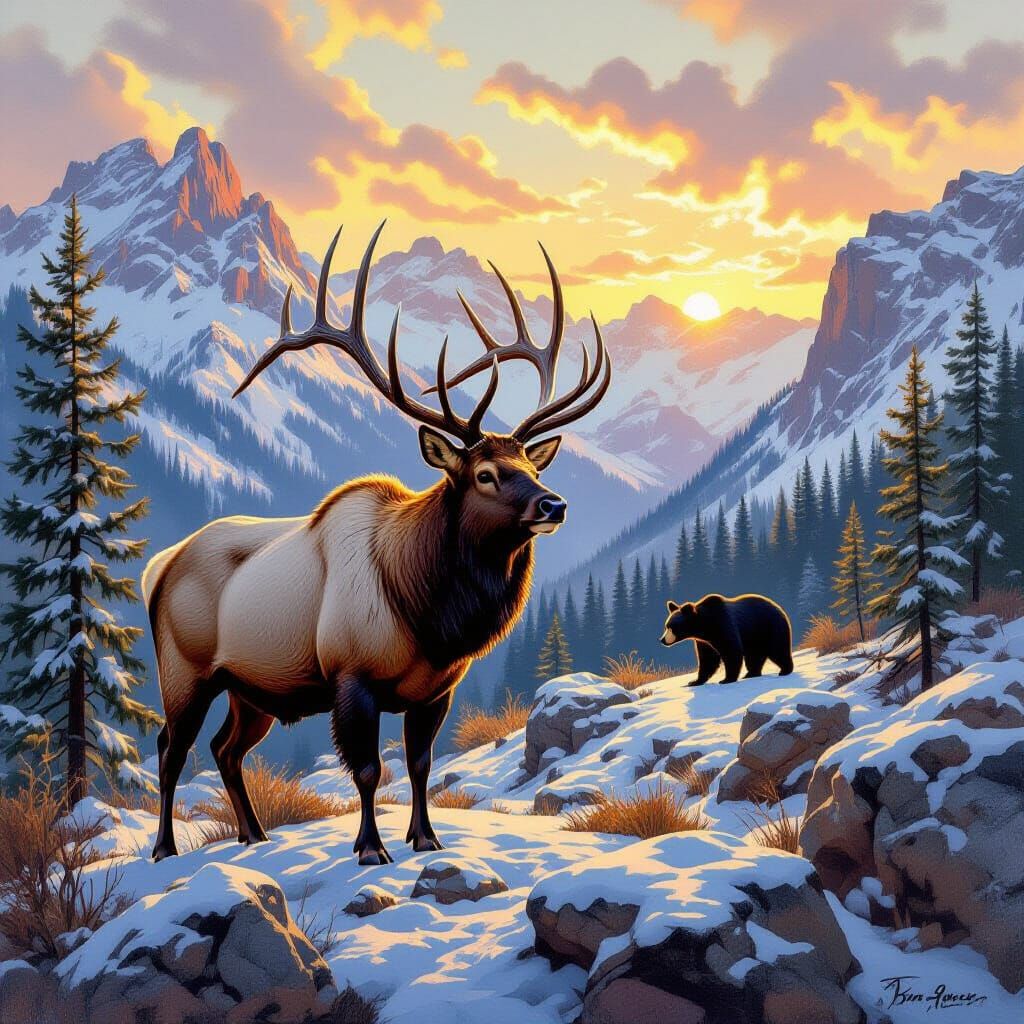Majestic Elk and Bear in Rocky Mountains Oil Painting