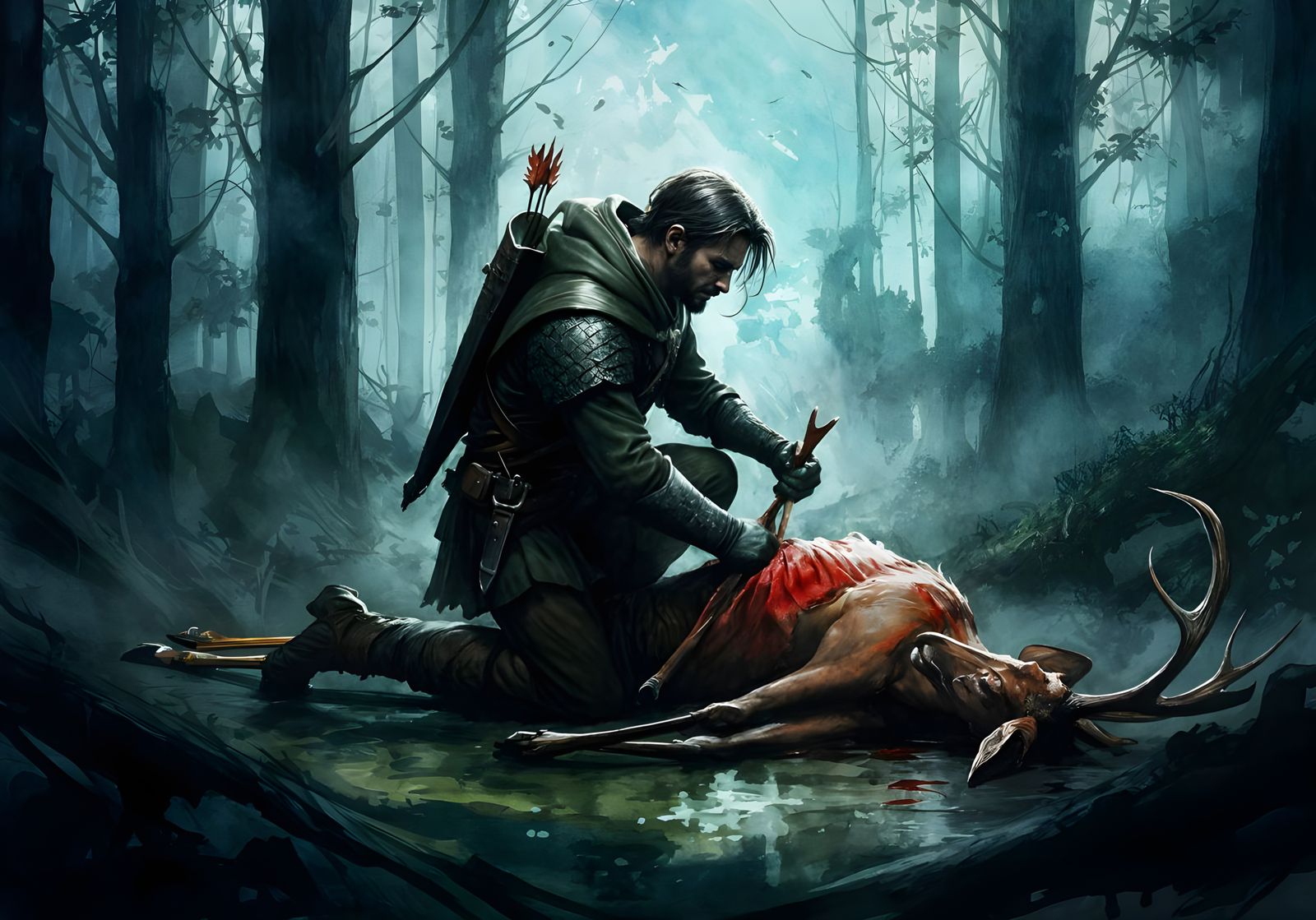 Mysterious Ranger of Sherwood in Ink Drawing Style