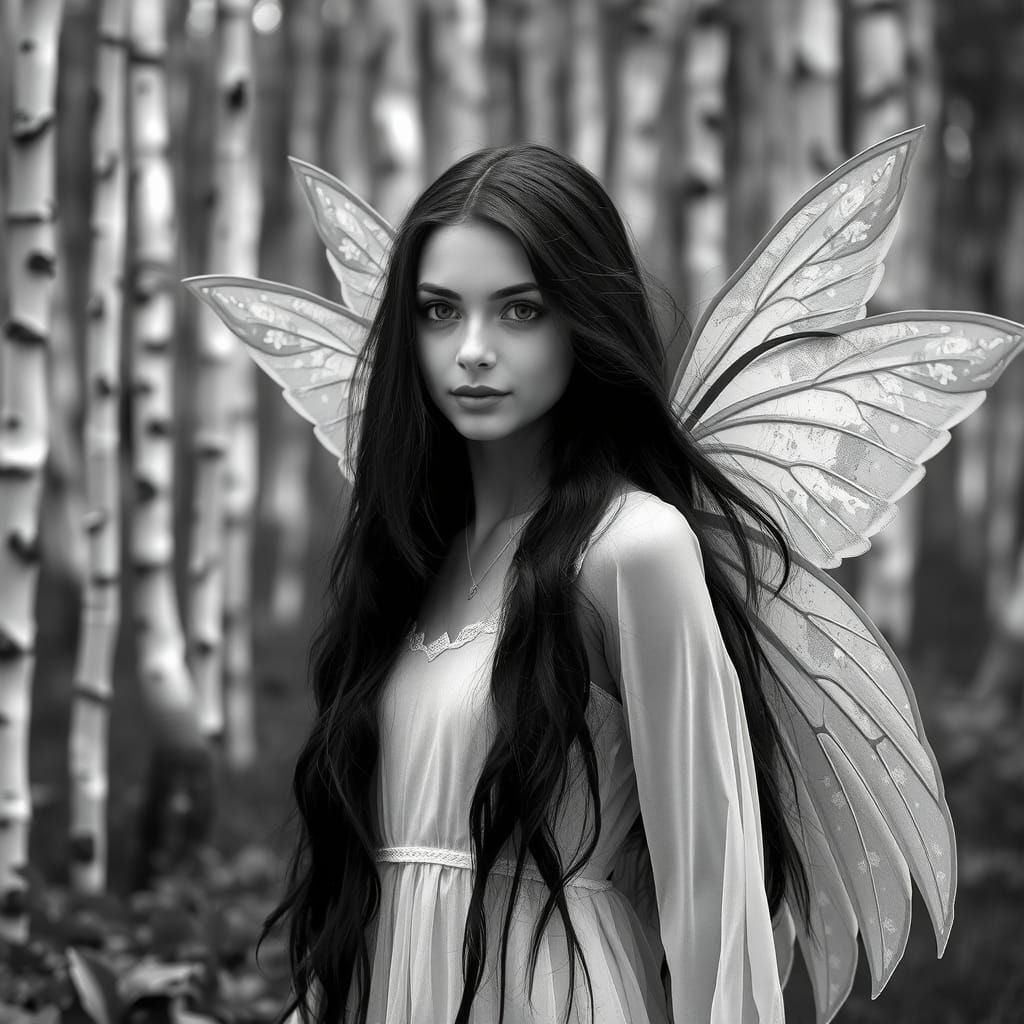 black and white photo of A young woman fairie with fairy win...