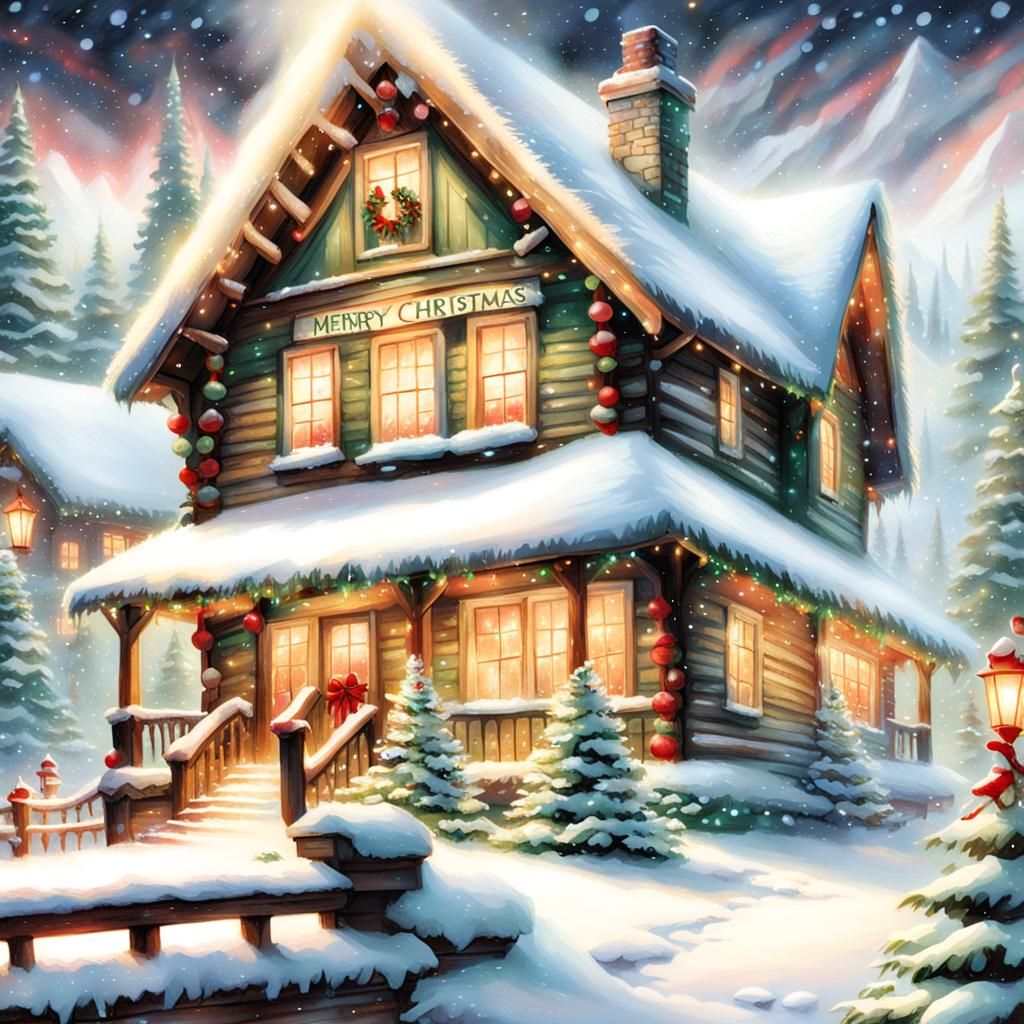 Christmas Lodge Cabin Card in Kinkade Style