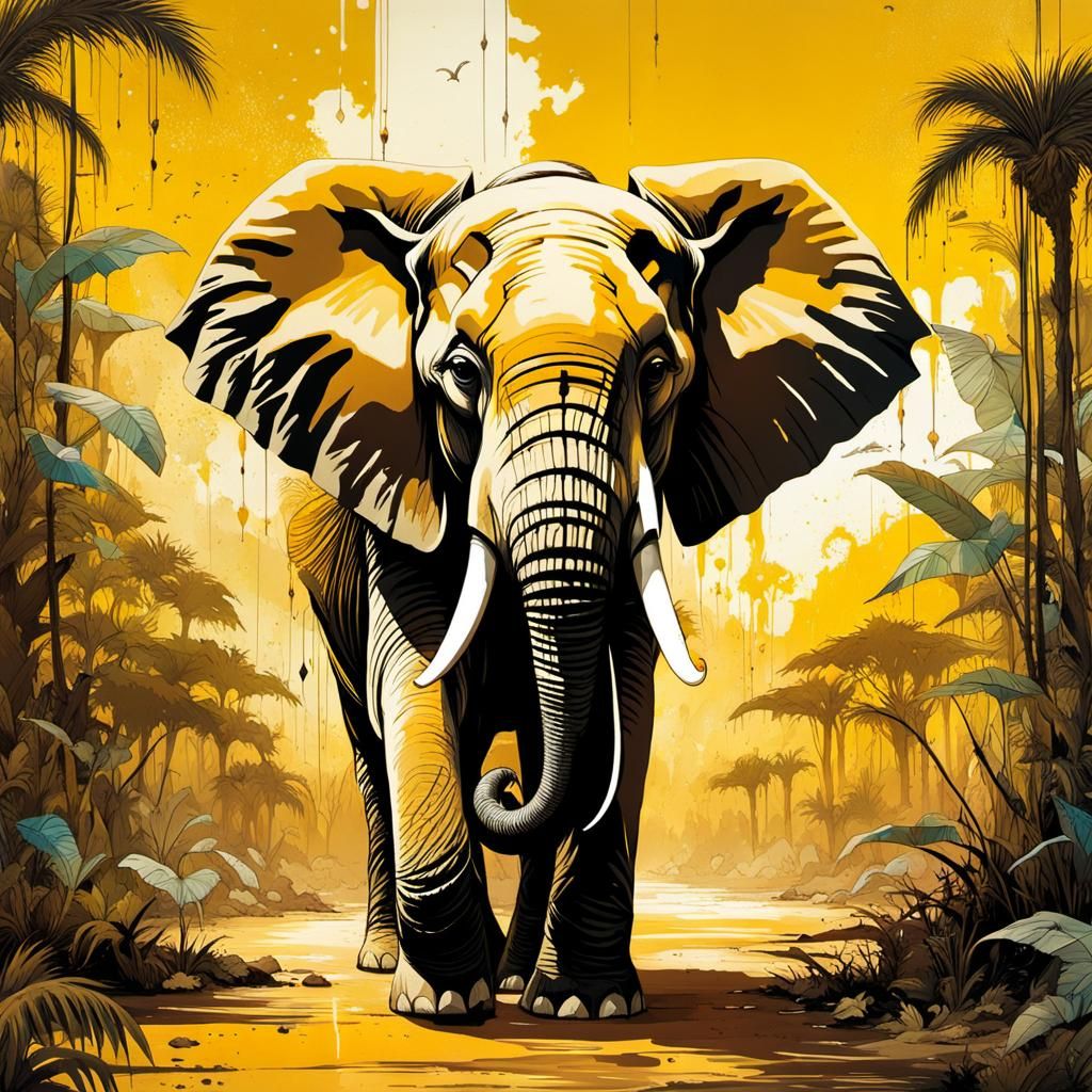 Elephant in Savannah, Detailed Digital Art