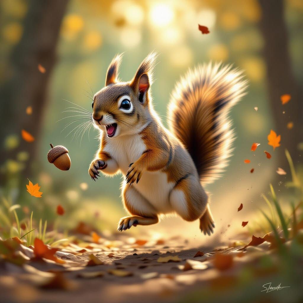 Surprised Squirrel Mid-Leap in Digital Painting Style