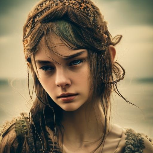 Boho Woman Portrait with Rafia Bag, Hyperrealistic Style