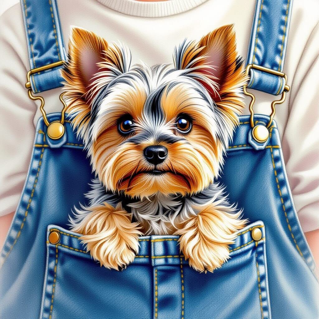 Adorable Yorkshire Terrier in Overalls Pocket
