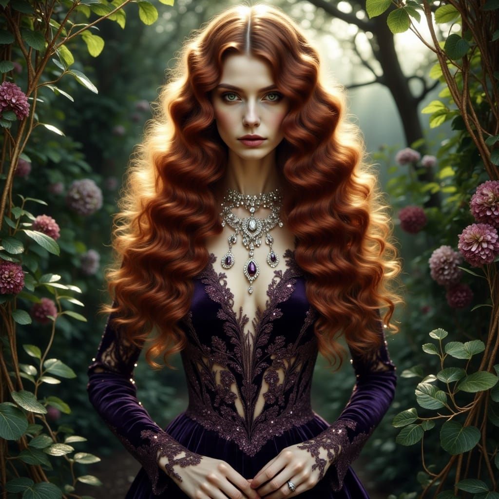 Victorian Woman in Moonlit Garden, Art Nouveau Style