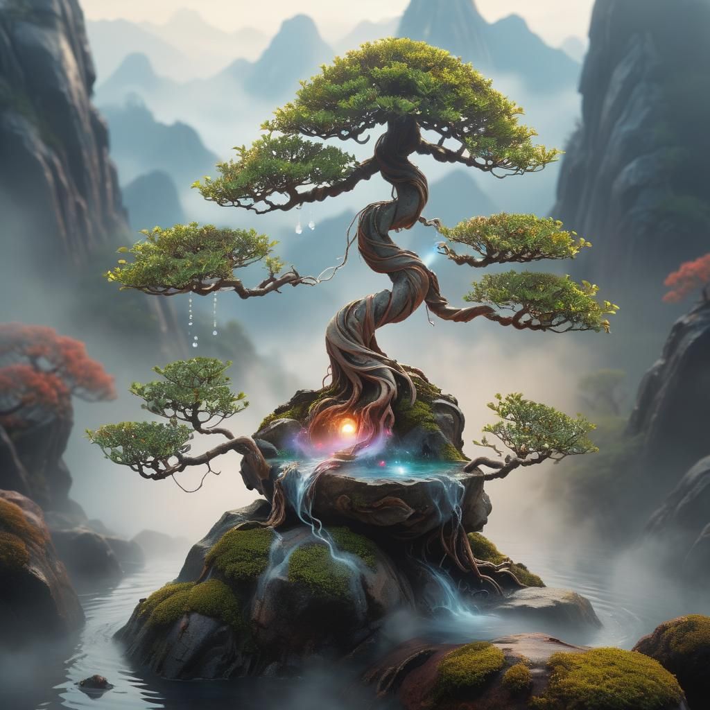 Bonsai Tree on Misty Mountain Peak