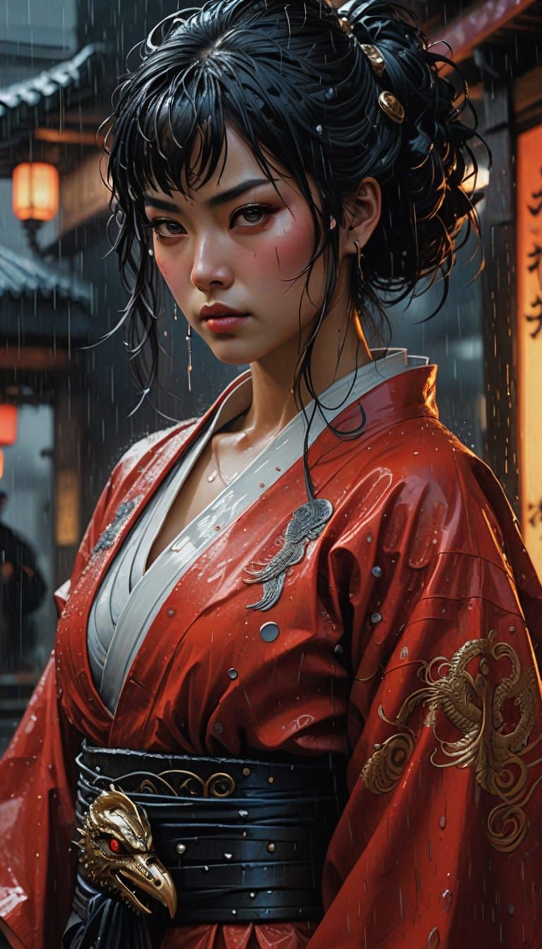 Cyberpunk Samurai Goddess Defies Torrential Rain