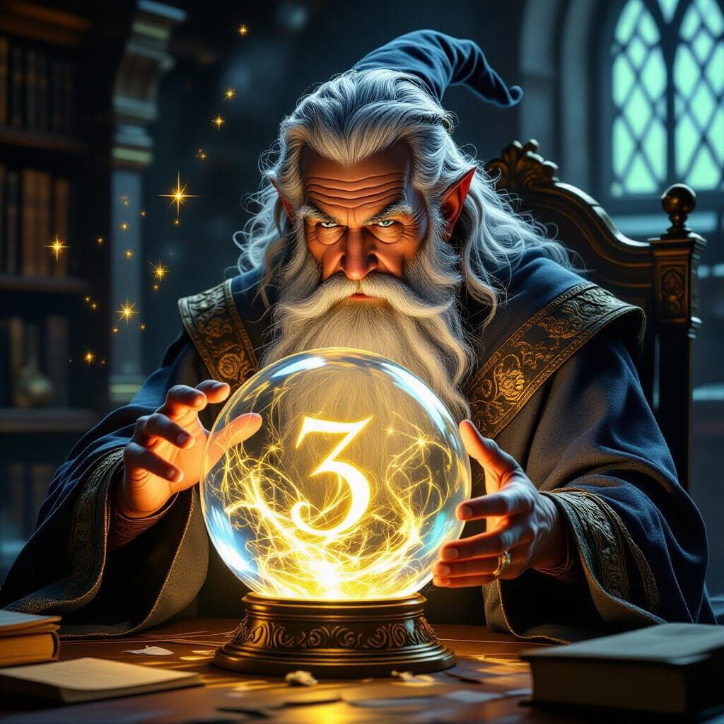 Wizard Gazes into Crystal Ball Revealing the Number 3
