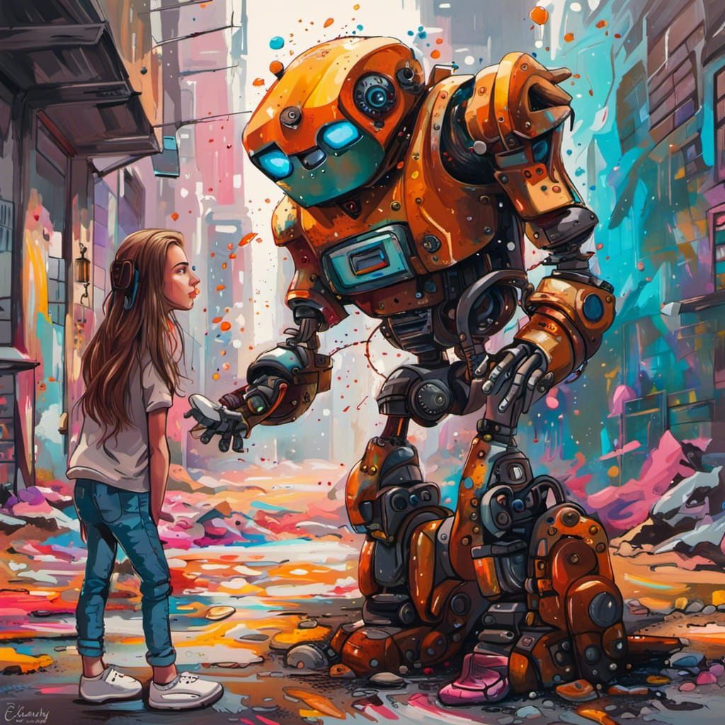 Robot Talking to Girl in Graffiti Street Art