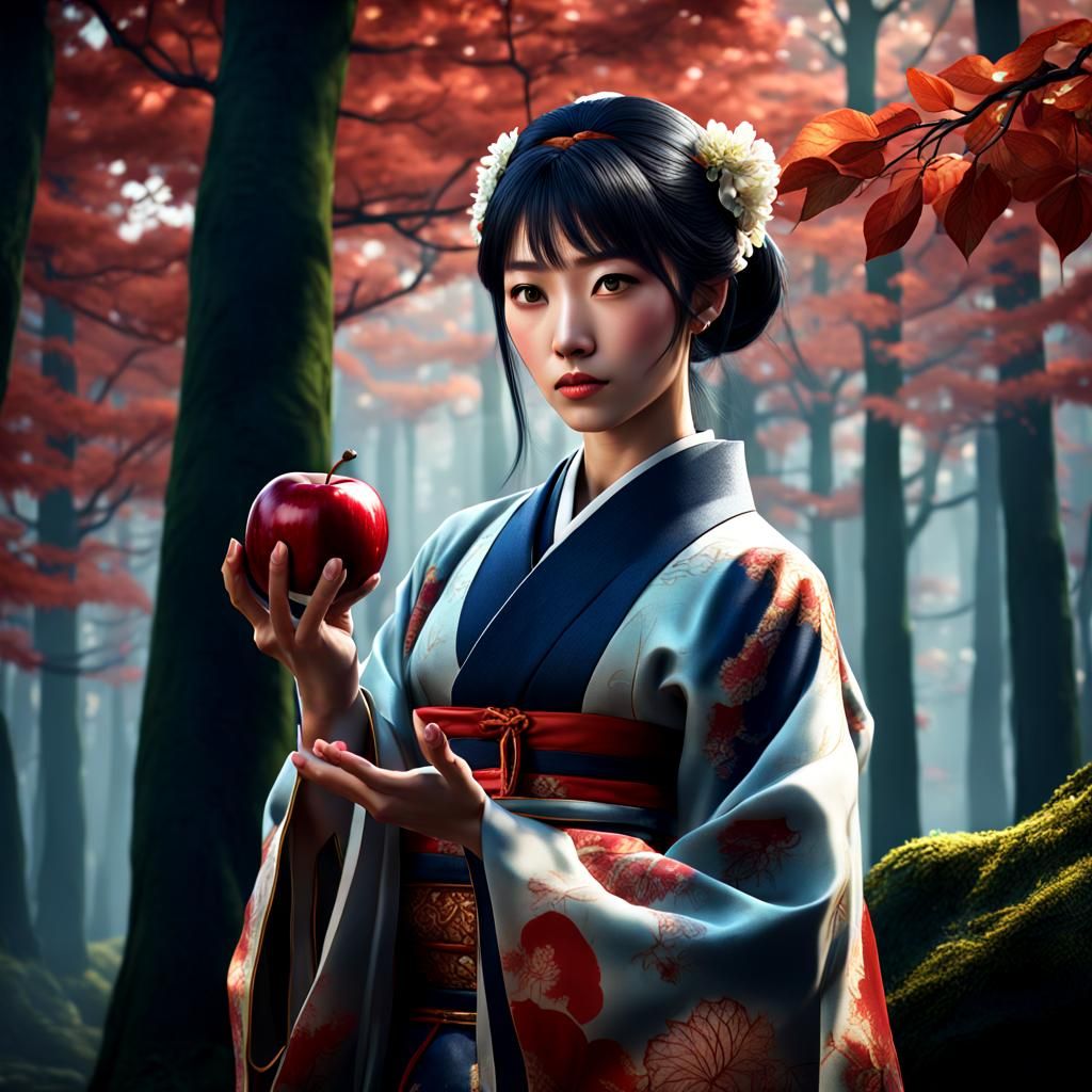 Japanese Girl with Apple in Forest: Matte Painting