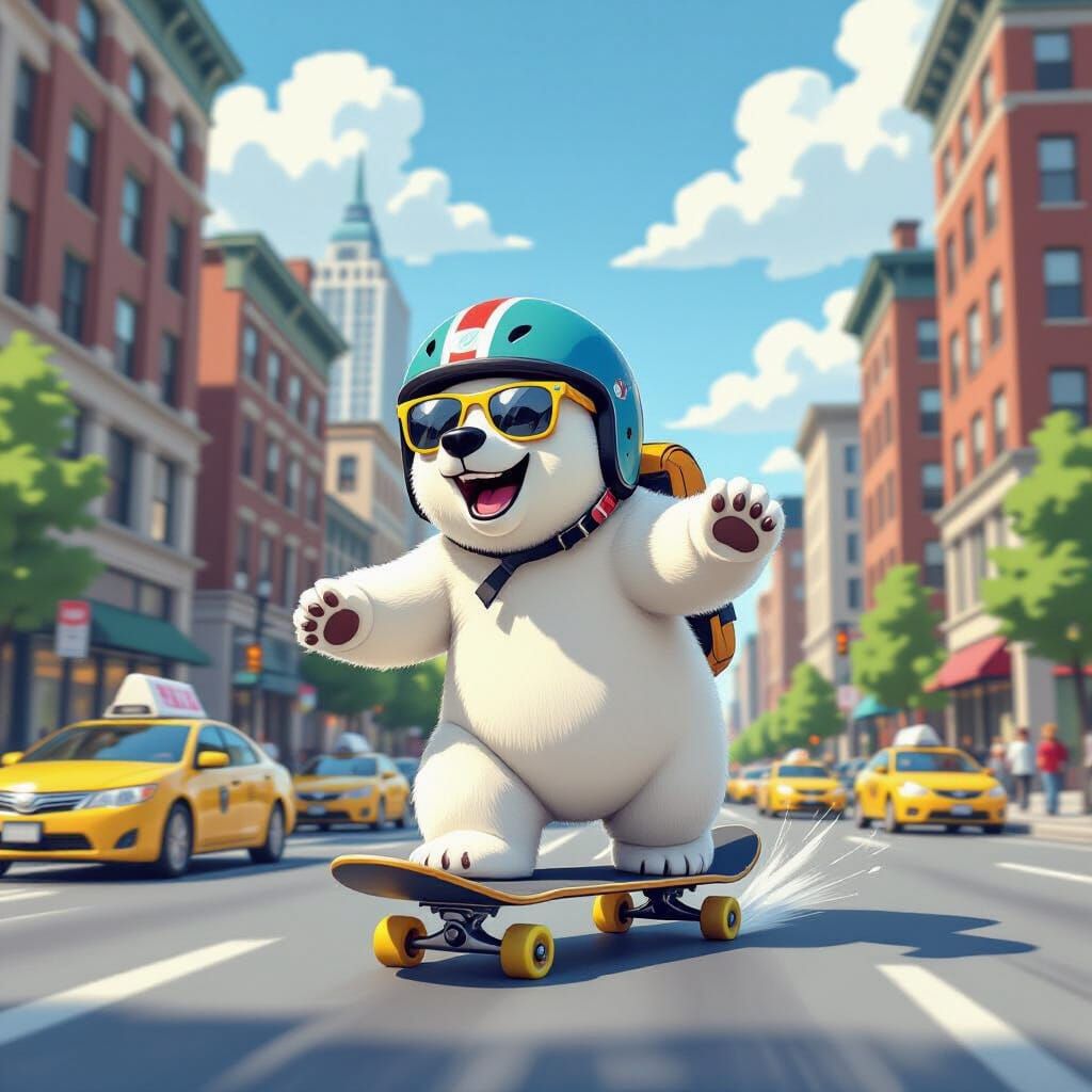 Happy Cartoon Polar Bear Skates Through Chicago