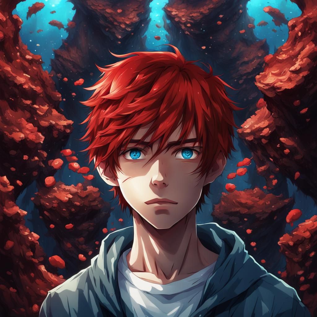 Anime-Style Teen Boy with Red Hair and Blue Eyes