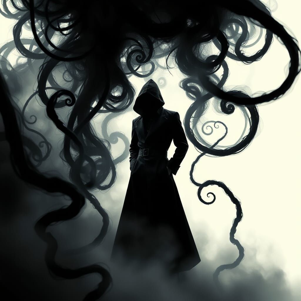 Elegant Figure Shrouded in Mystery Amidst a Turbulent Storm