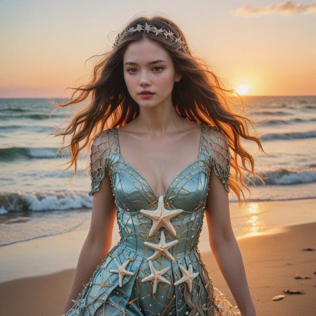 Enchanting Starfish Mermaid Captures Sunset on Beach