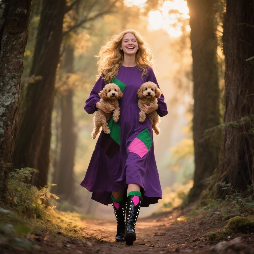 Woman with Puppies Exits Forest in Funky Boots