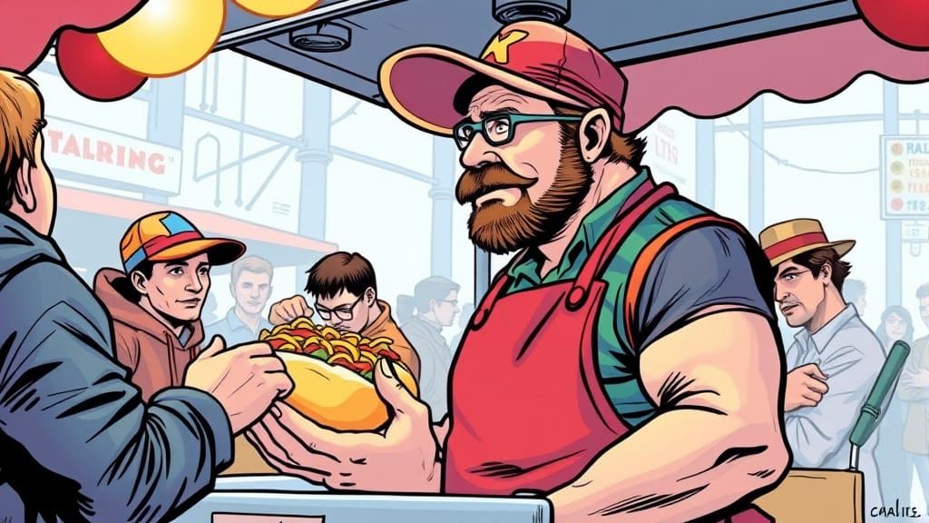 Lively Hot Dog Vendor in Marvel Comic Style