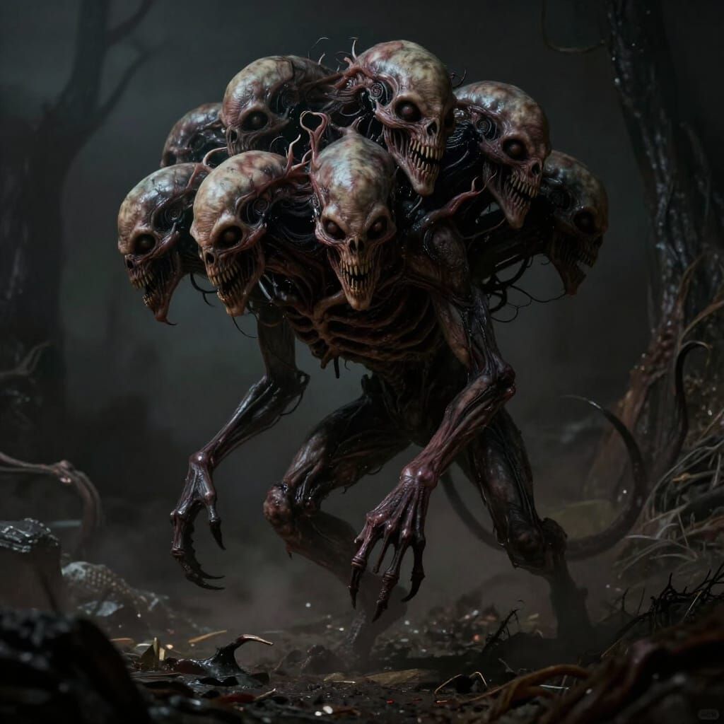 Grotesque Multi-Headed Creature Roams in Dark Fantasy