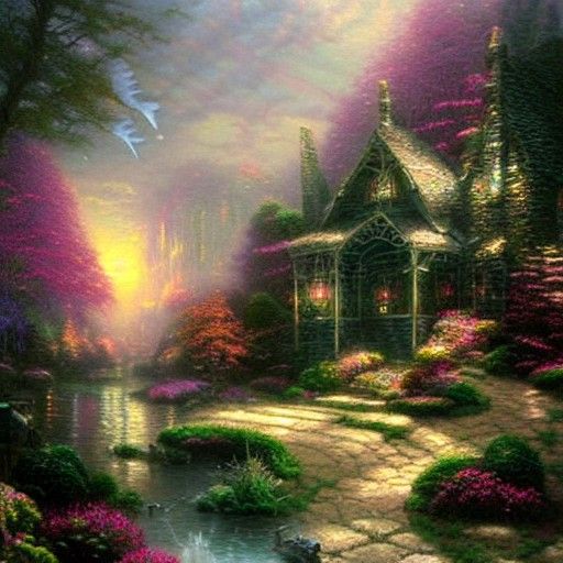 Ethereal Fantasy Landscape in Thomas Kinkade Style