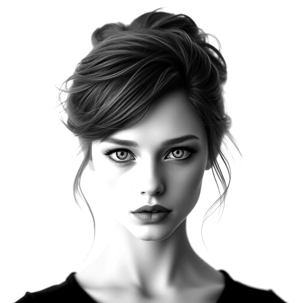 A striking portrait of a young woman with bright red hair styled in a messy bun. She has piercing blue eyes and a subtle...