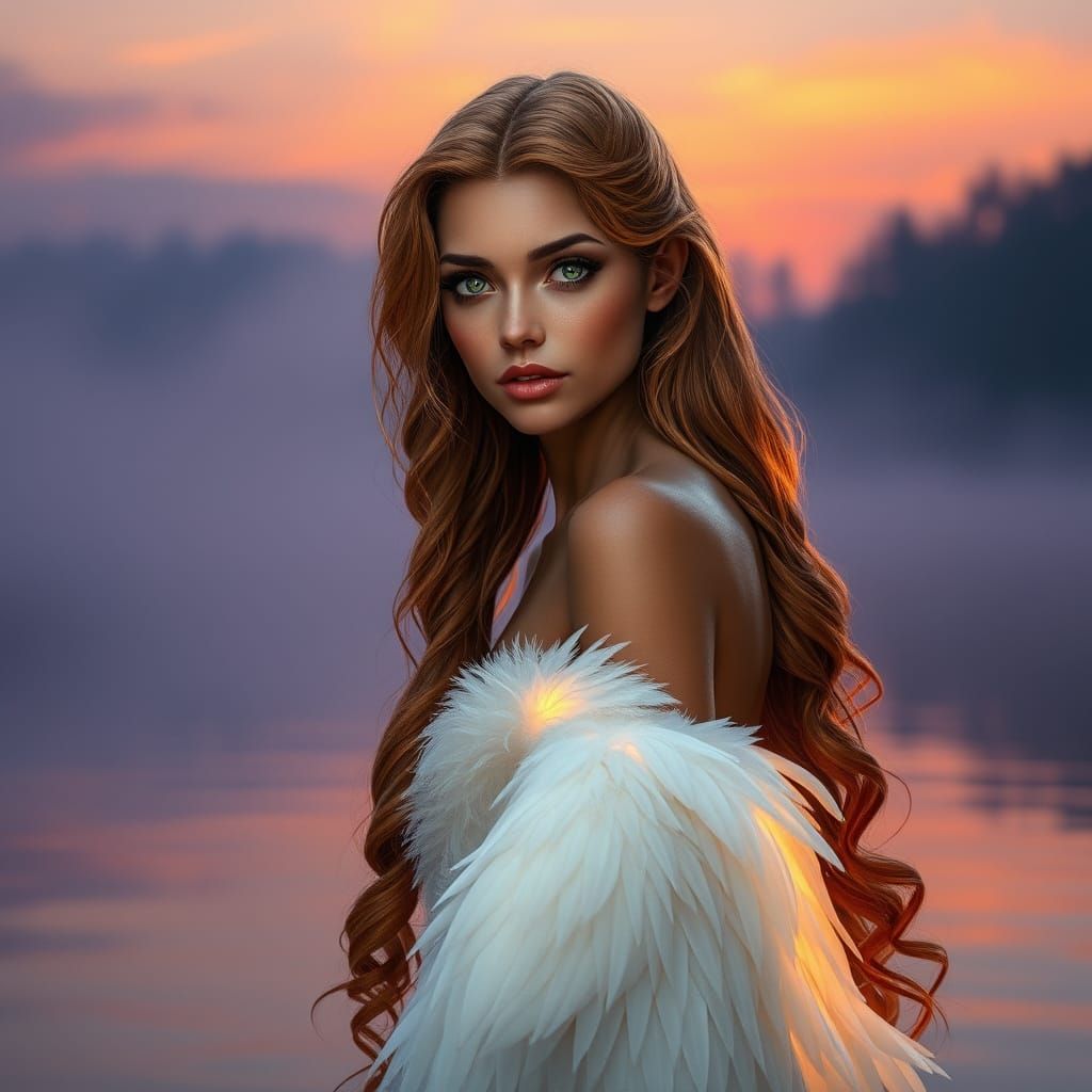 Surreal Swan Maiden Embodies Twilight Lake Magic