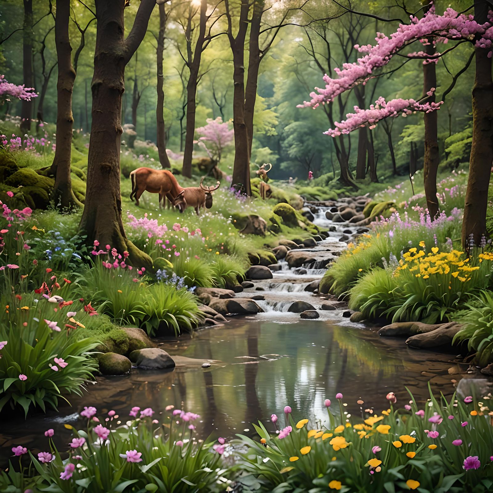 Lush Forest Scene with Stream and Animals