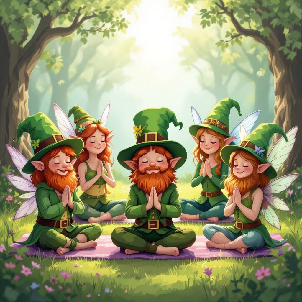 Leprechauns and Fairies Doing Yoga