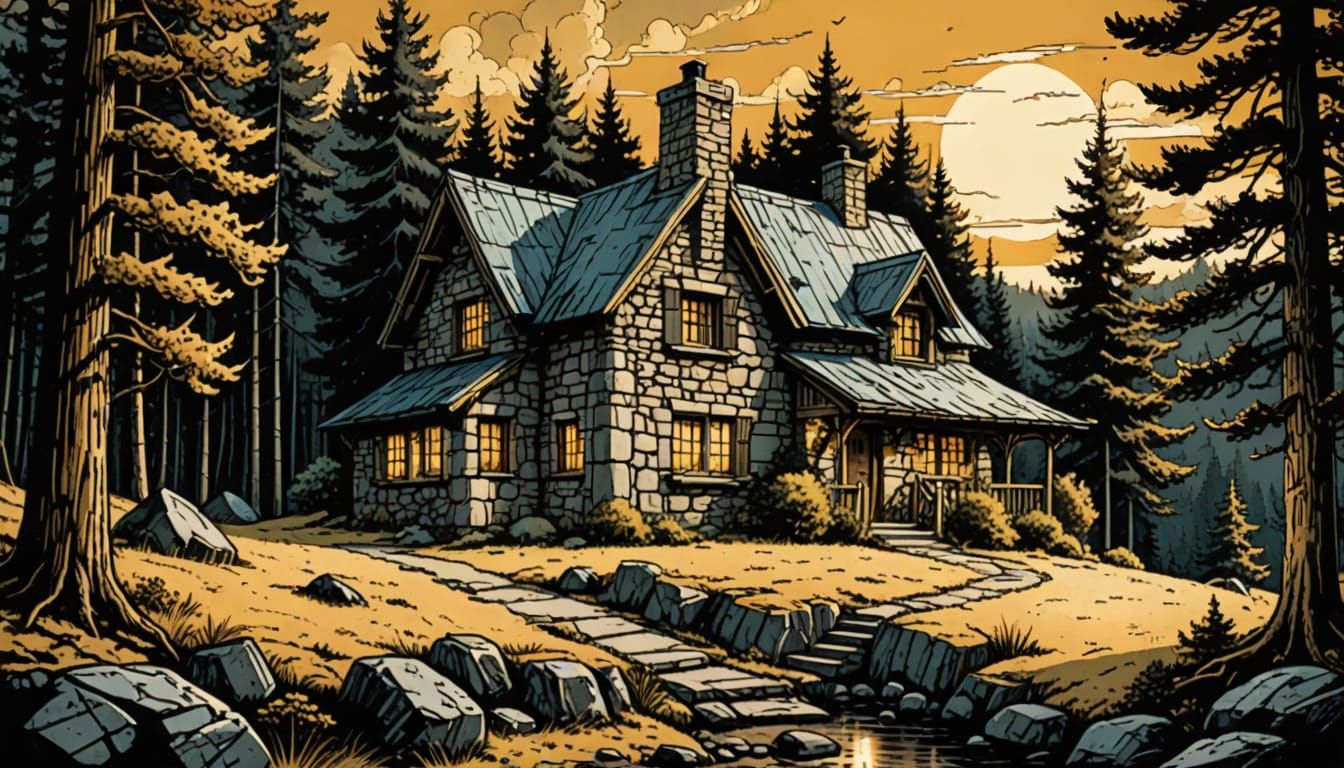 Rustic Stone Cottage in Vintage Comic Book Style