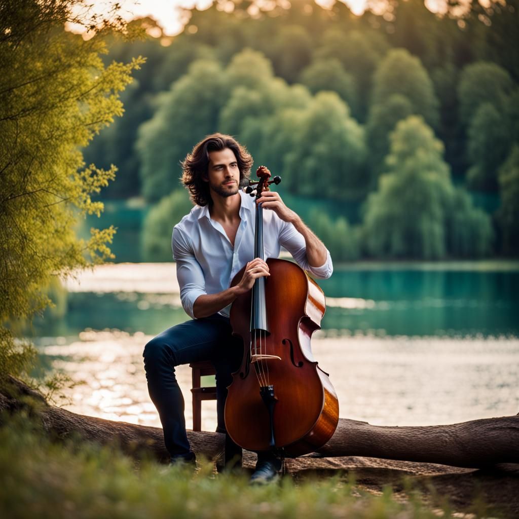 Man Plays Cello by Lake: Natural Light Photography