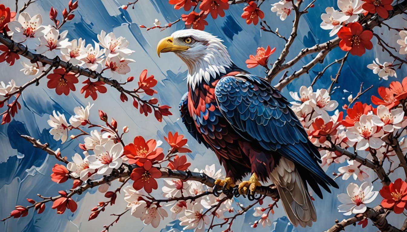 Patriotic Double Exposure Blossom and Eagle Illustration