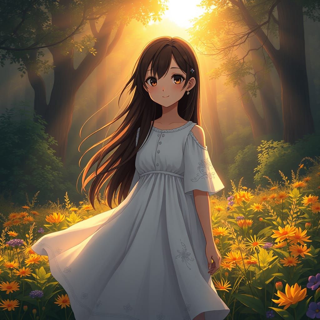 Ethereal Anime Goddess in Serene Forest Glade