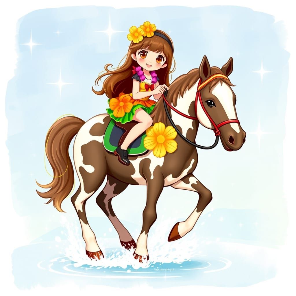Kawaii Hawaiian Girl Riding Pinto Horse with Sparkles