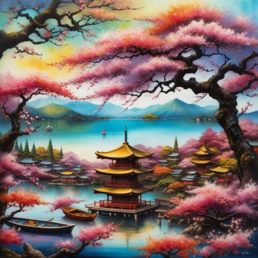 Surreal Japanese Landscape with Cherry Blossoms, Alcohol Ink...