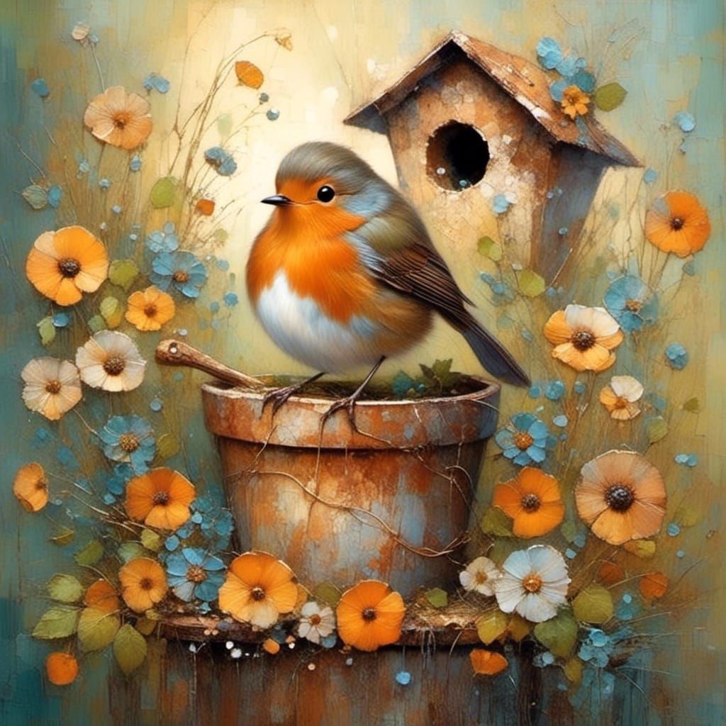 Robin Breeds in Flower Pot, Whimsical Art