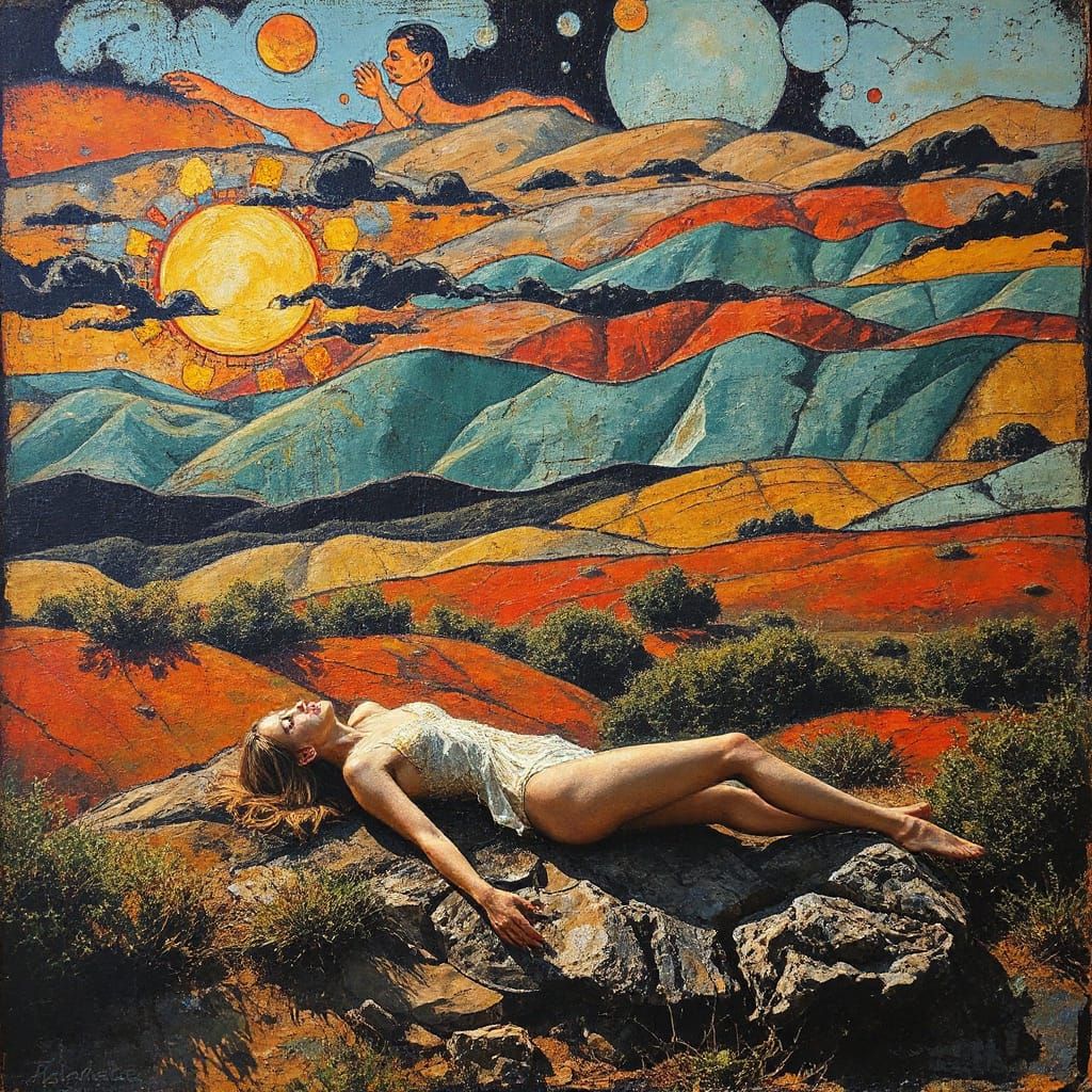 Surreal Landscape with Sunbather in Expressionist Painting